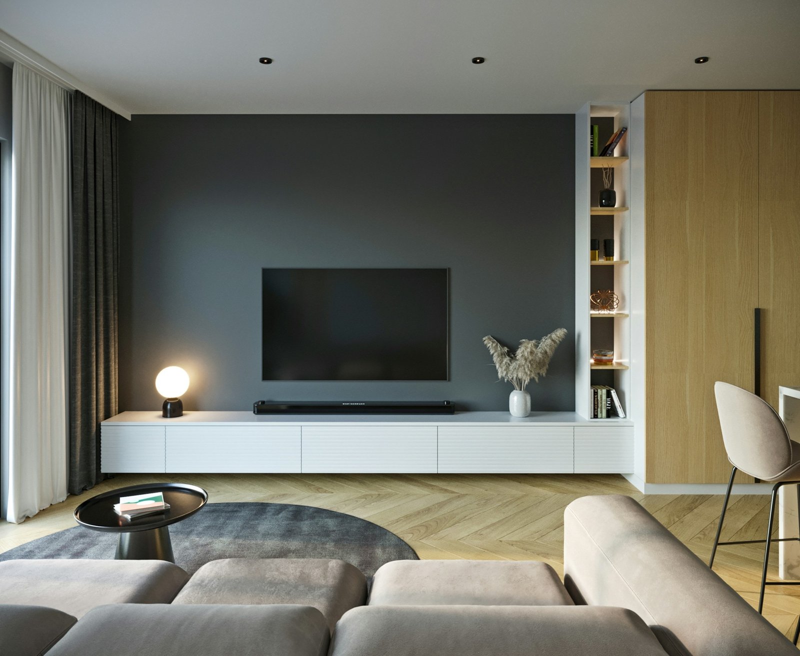 Living room with a large television and soundbar